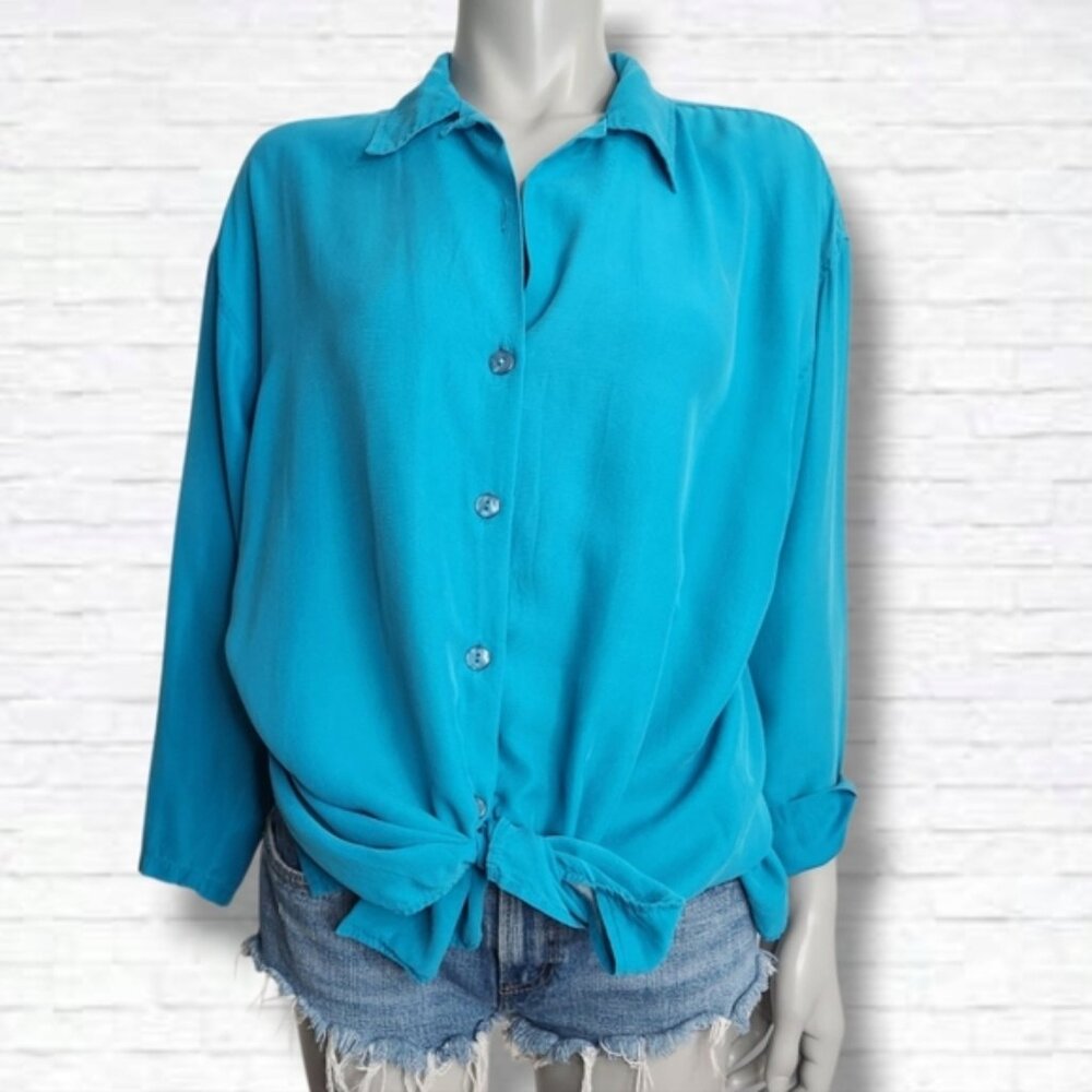 Vintage Expozay Blue Silk Button Down Shirt Size M